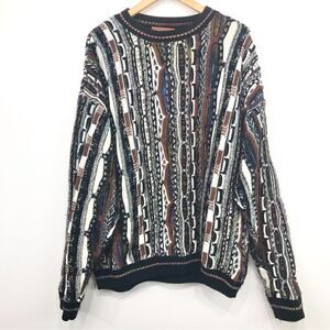 Currier & Branch Black White Brown Retro Pattern Crew Knit Pullover Dad Sweater